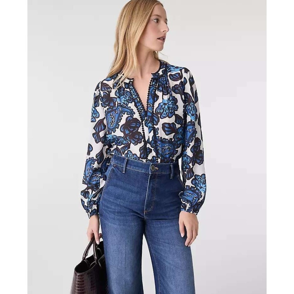 Ann Taylor Petite Paisley Bobble Trim Blouse Night Sky Small Petite NWT